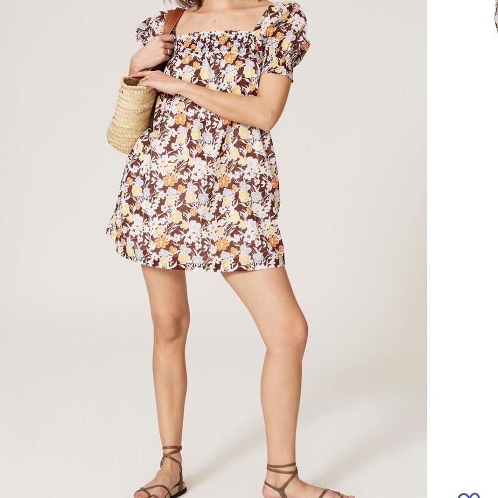 Tory Burch Lucky Meadow Smocked Mini Dress - Brown Floral - Size XL